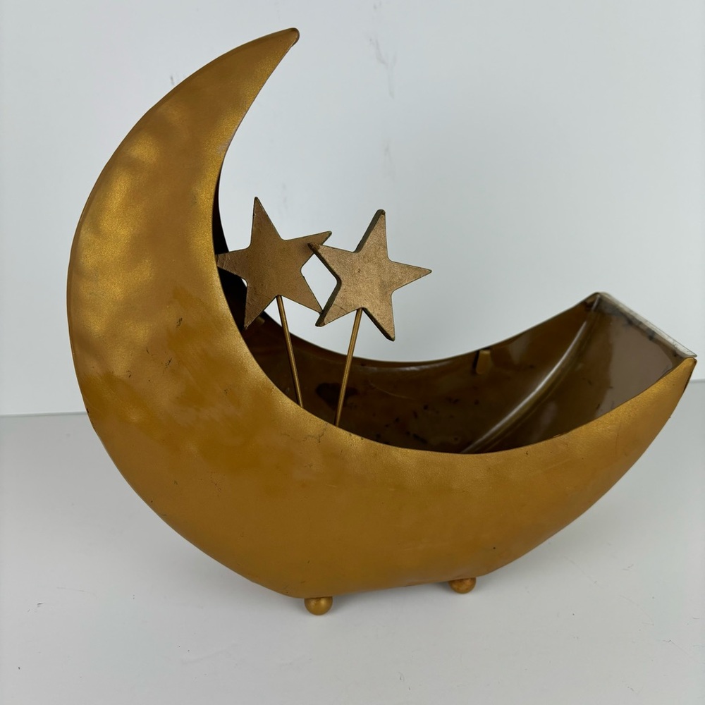 Whimsical Gold Metal Moon & Stars Planter/Container